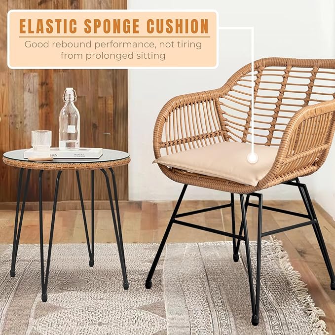 3 Piece Outdoor Wicker Furniture Bistro Set, Rattan Chairs Conversation Sets