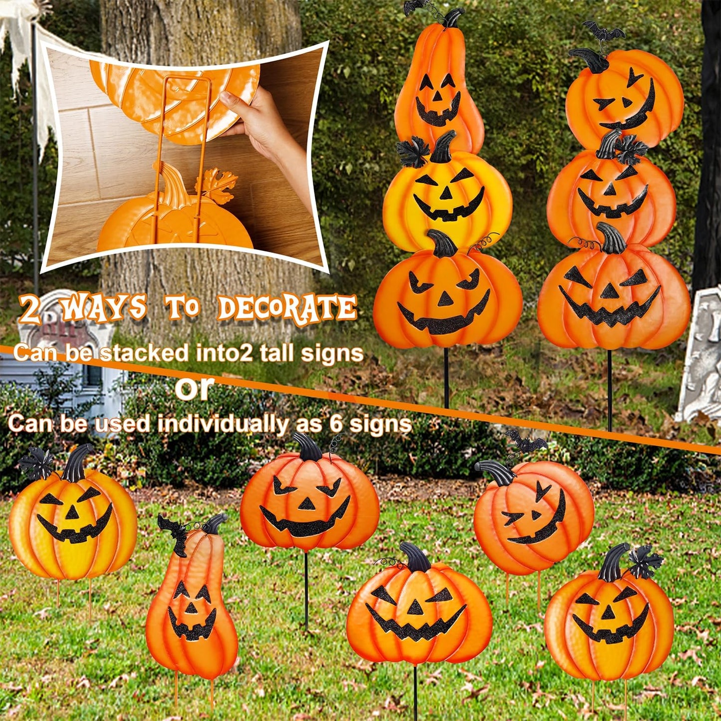 Juegoal 2 Pack Halloween Garden Stakes, Stacked Metal Pumpkins Jack-o-Lantern Lawn Decor, Yard Signs Stake Outdoor Decorative 3D Pumpkin Home Lawn Pathway Driveway Decorations
