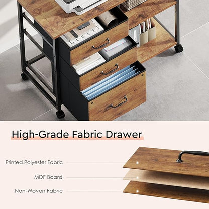 Maihail 3 Drawer File Cabinet with Wheels Rolling Printer Stand with Open Storage Shelf Fabric Lateral Filing Cabinet for Home Office,Rustic Brown2
