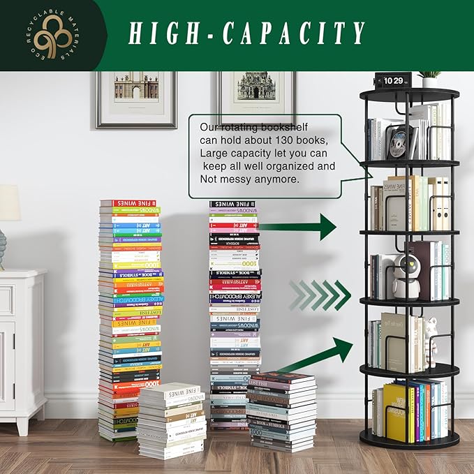 5Tier Rotating Bookshelf, Spinning Bookshelf Tower, 360 ° Display Space Saving