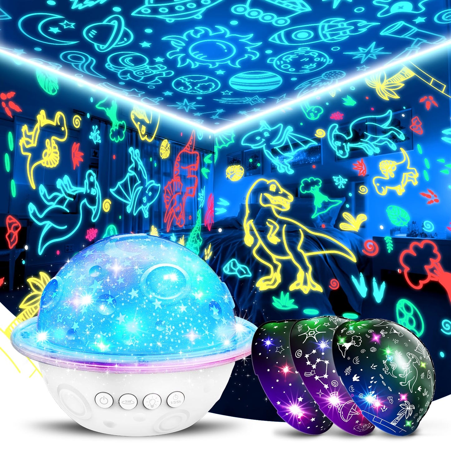 Night Light Lamp for Kids Room: Planet Night Light Projector for Bedroom Birthday Gifts for 3 4 5 6 7 8 9 10 11 12 Year Old, 4 in 1 Dinosaur & Universe & Star Night Lights Kids Room Decor