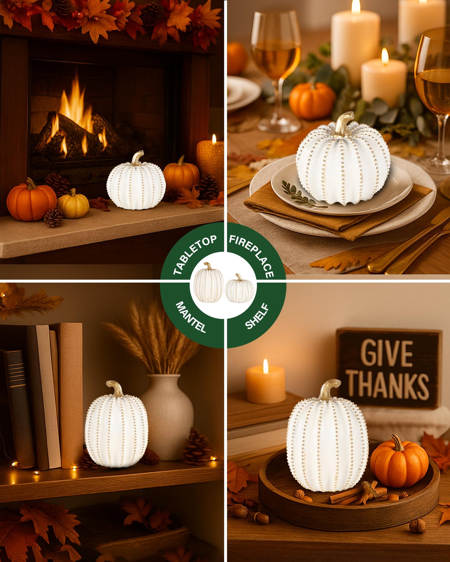 GoGnome Set of 2 White & Gold Decorative Pumpkins – Resin Fall Harvest Table Centerpiece, Elegant Autumn Décor for Thanksgiving Decoration Farmhouse Home (White)