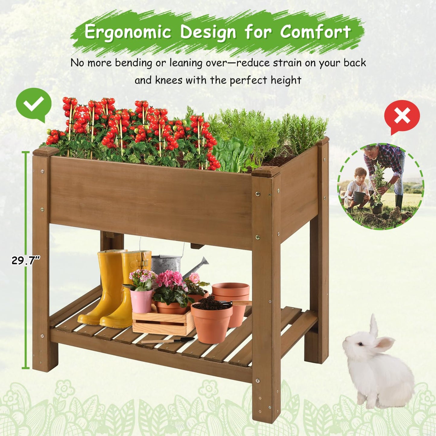 PetsCosset Raised Garden Bed Wooden Elevated Planter Box with Legs, Protective Liner Reinforced for Vegetables Herbs Flowers for Outdoor Patio Backyard Balcony Gardening (33.46 X 17.9 X 29.72 inches)