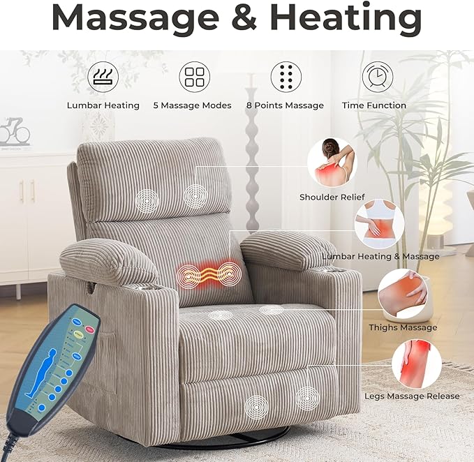 Rocking Chair Nursery with Adjustable Armrests, Electric Glider Recliner