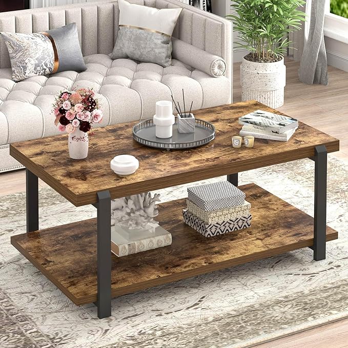 FOLUBAN Modern Coffee Table, Rustic Wood Center Table
