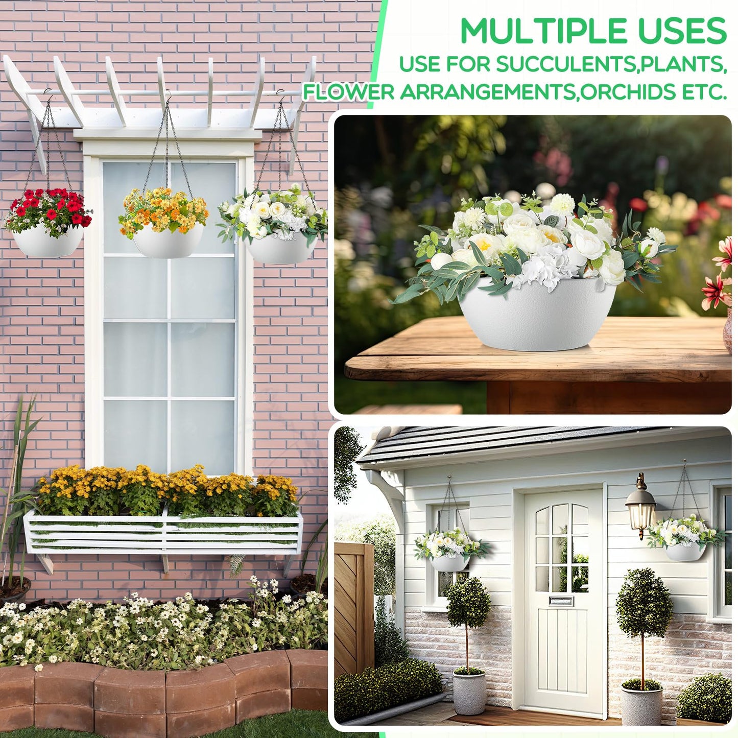Maxcheck 4 Pack 13 Inch Large Hanging Planters Indoor Outdoor Flower Pots, Plant Containers with Drainage Hole Round Hanging Plant Pot for Home Garden Porch Balcony Patio Decor (White)