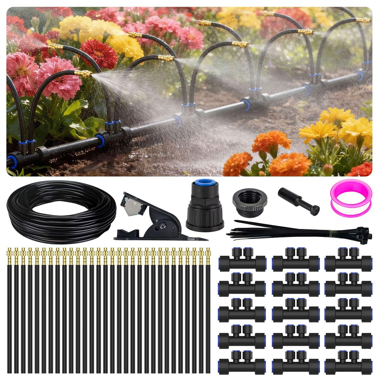 Drip Irrigation System 2 Ports - 360°Adjustable Garden Watering System 50FT with 30 Nozzles, Drip Irrigation Kit for Garden, Yard, Lawn, Greenhouse, Plants, 2/5 inch Hose