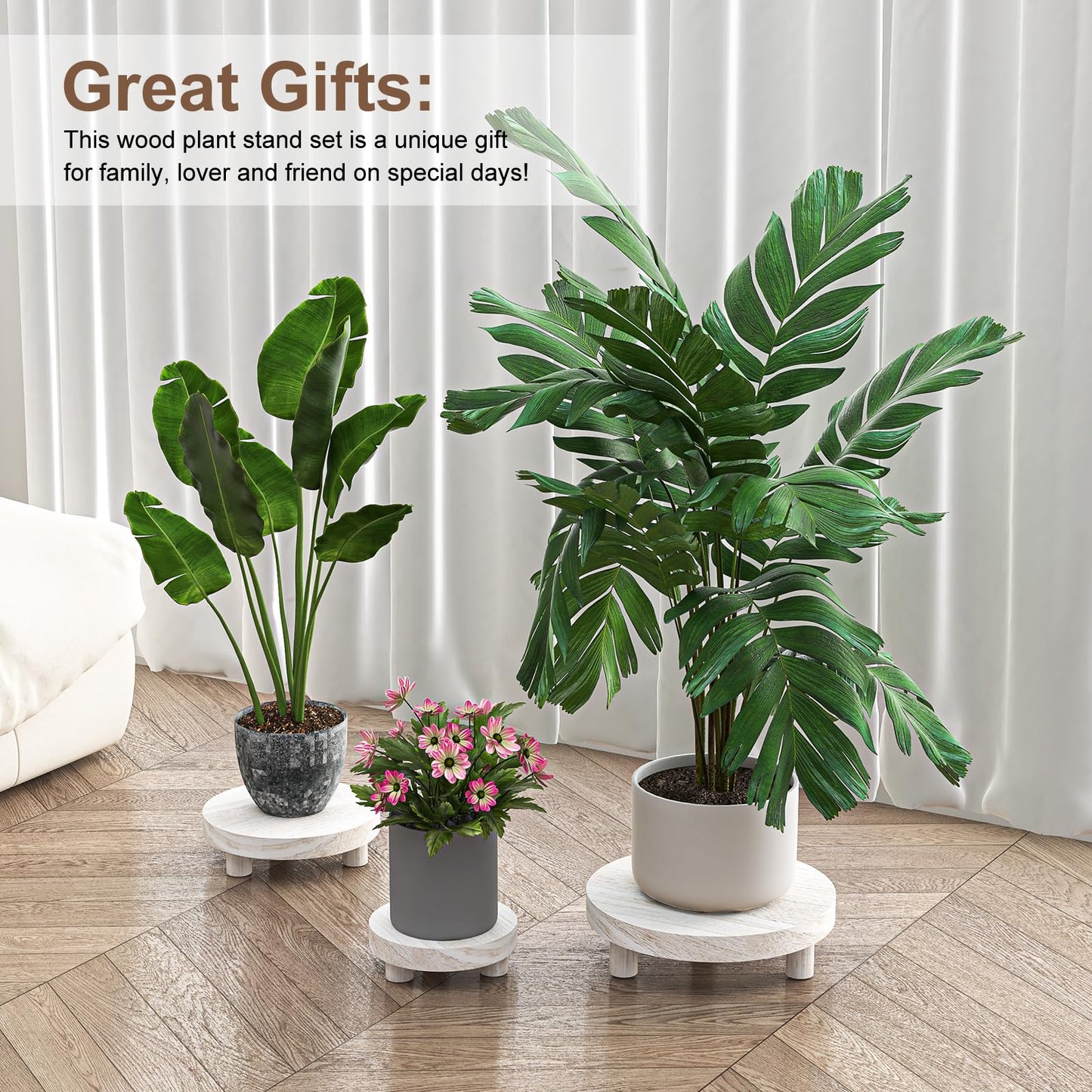 HAWHUV 3 Pcs Wood Plant Stand Indoor Outdoor, Round Wood Riser for Decor 6/8/10" Wooden Stool Display Stand Flower Pot Holder Small Planter Tray Modern Potter Decorative for Desktop Counter Room