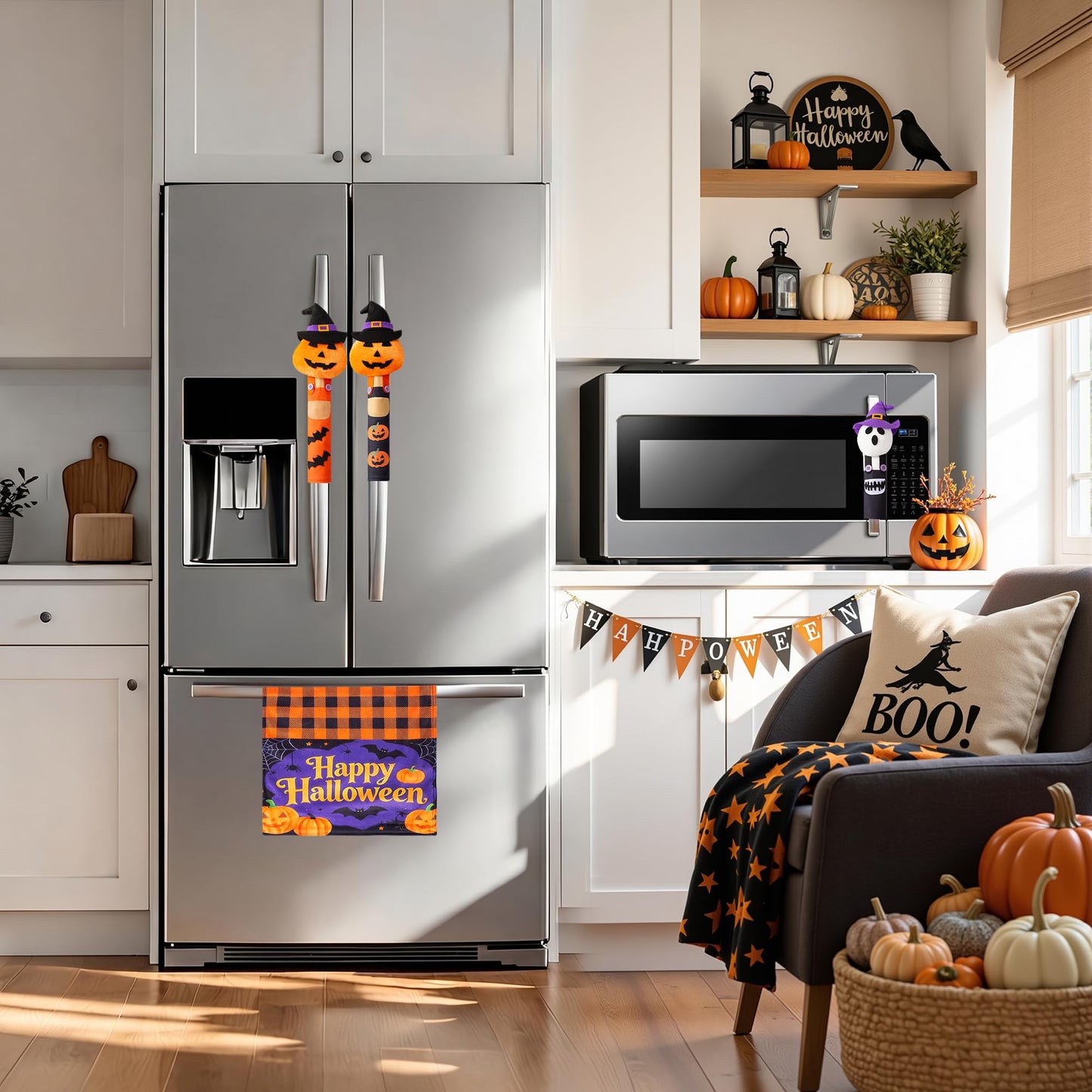 ELAMAS 5 Pack Halloween Refrigerator Handle Covers, Pumpkin Kitchen Appliance Handle Covers for Fridge, Microwave, Oven, Dishwasher, Halloween Indoor Kitchen Decor