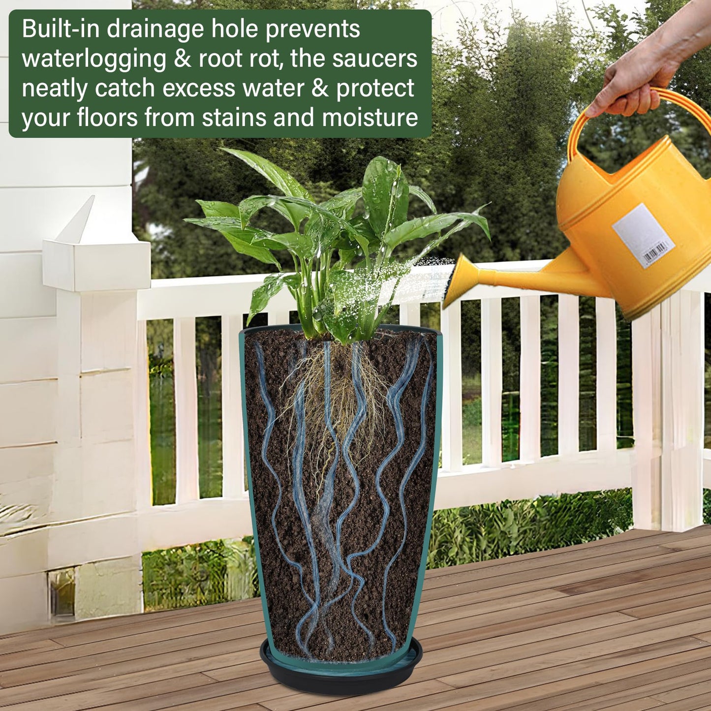 Neoaider 24/21/12 Inch Large Plastic Planter, Lightweight Ceramic-Look Tall Planters with Drain Hole & Saucers, Tall Plastic Planters for Porch, Garden, Patio, Balcony(Sky Blue)