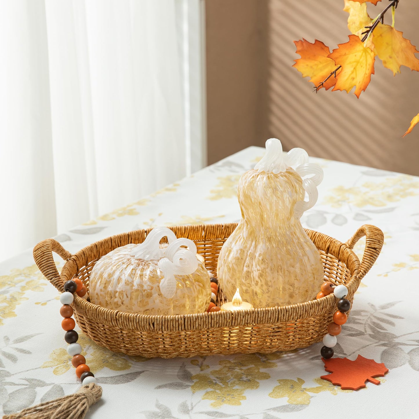Glitzhome Hand Blown Glass Pumpkin Decor 5" Amber - Artisan Fall Harvest Thanksgiving Table Centerpiece Halloween Home Decor