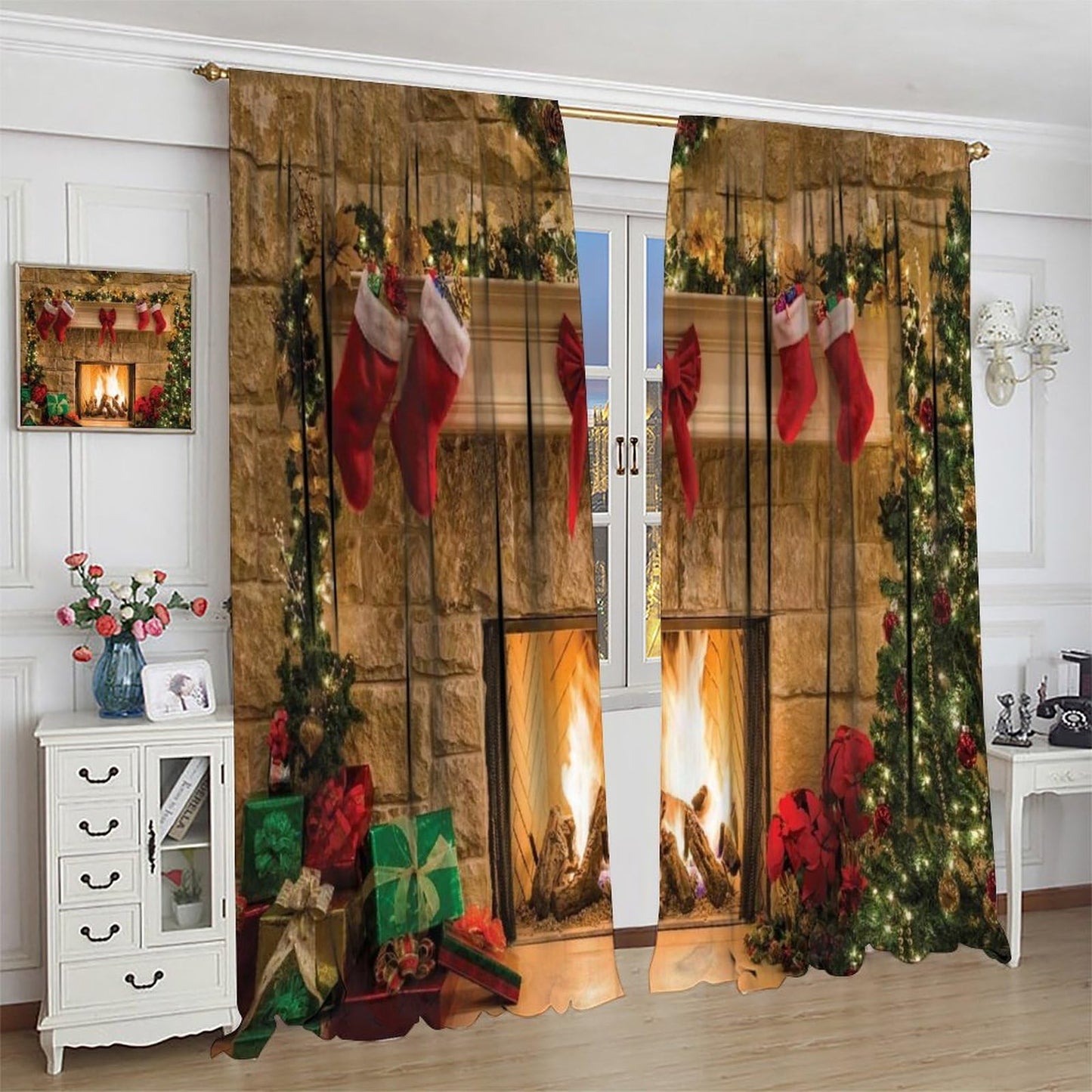 FengMingRui Merry Christmas Curtains Fireplace Christmas Socks Christmas Tree Window Treatment for Bedroom Living Room Decor Art Printed Window Drapes 42" W X 45" L