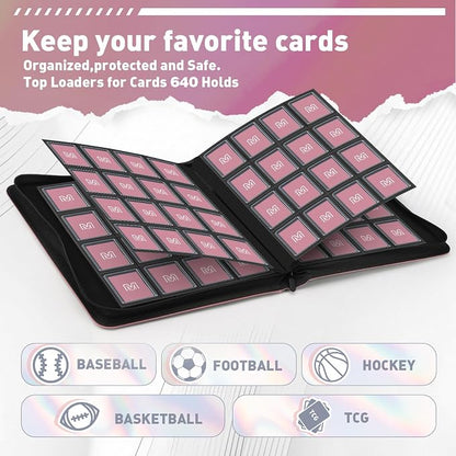 16 Pocket Toploader Binder,Holds 640 Top Loaders,Top Loader Binder for 3" x 4"Rigid Cards,Sleeves Card Collection Binder,20 Double Sided Pages,Compatible with Trading & Sports Holder (16Pink)