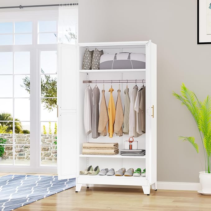 GAIOUS Metal Wardrobe Cabinet with Hanging Rod, Clothing Storage Cabinets | with 2 Doors and Adjustable Shelves, 71" Metal White Armoire Wardrobe Closet for Bedroom, Laundry Room, Cloak Room