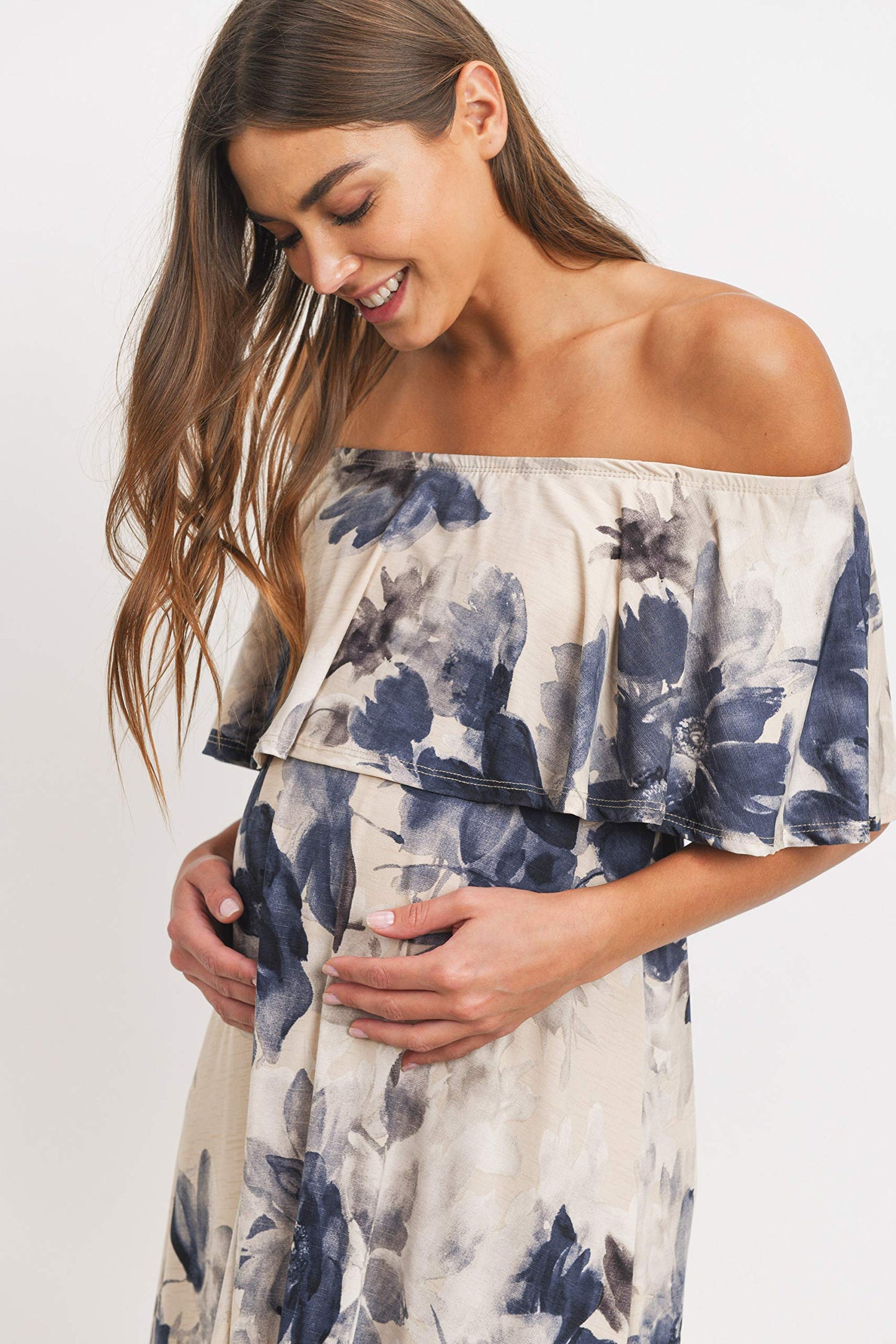 Women's Off Shoulder Ruffle Maxi Maternity Dress (Taupe/Navy Floral, L)