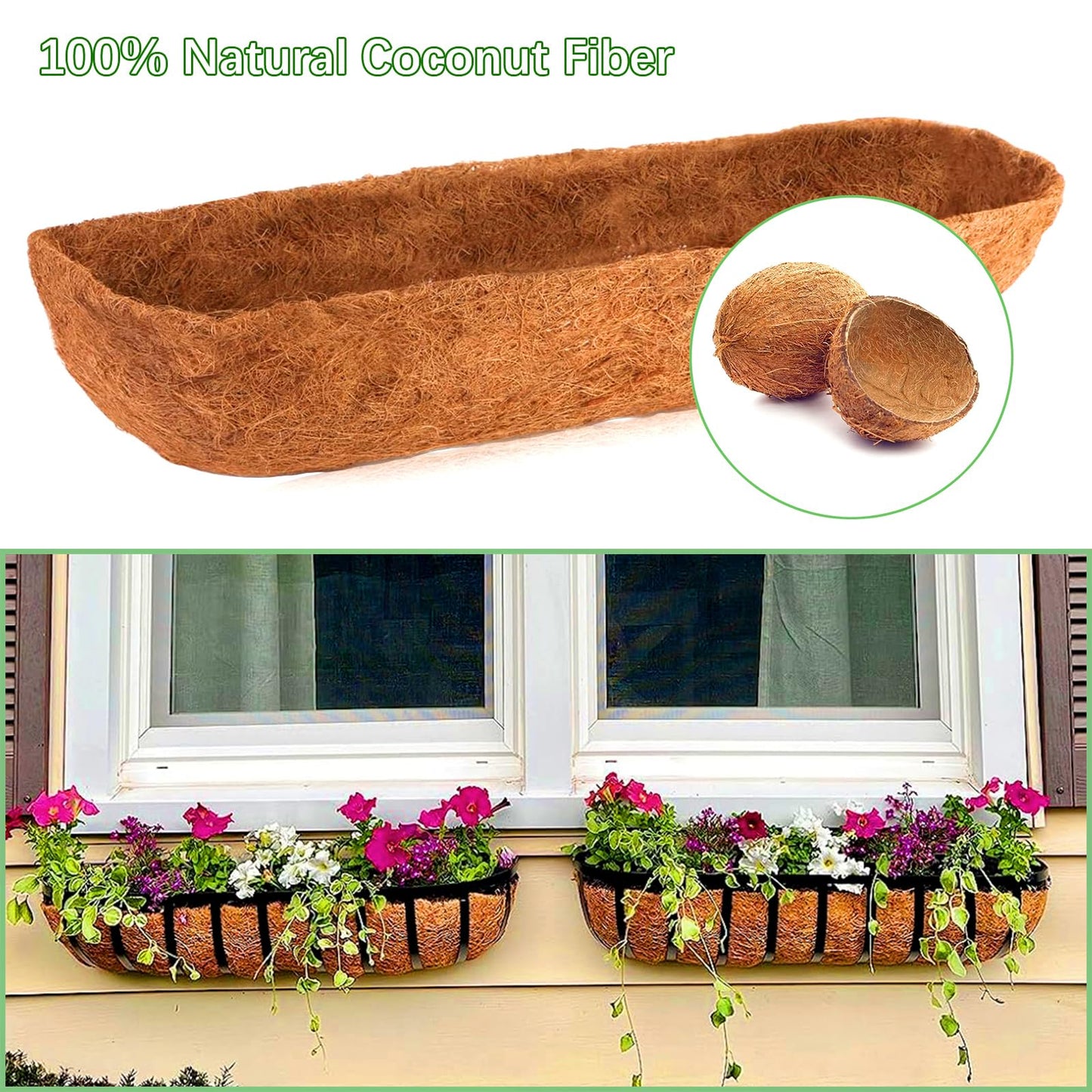 LCHUANG Coco Liners for Planters - 2 Pack 24 Inch Trough Coconut Liners for Planters, Window Box Coco Liners, 100% Natural Coconut Fiber Liners for Wall Hanging Basket, Window Box, Fence Baskets