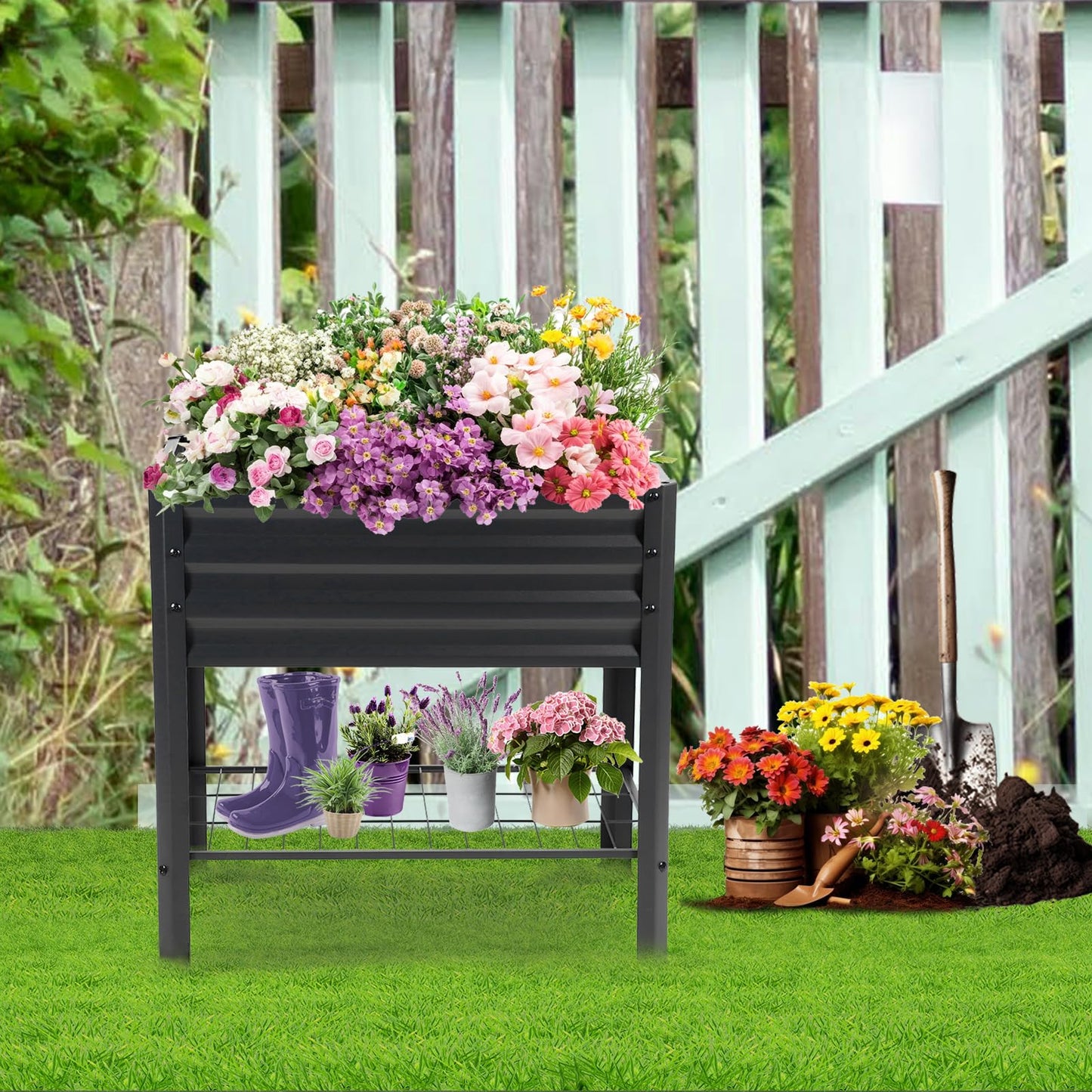 Veezyo Raised Garden Bed with Legs and Shelf, 2pcs 32"x20"x31.5" Powder Coated Elevated Metal Planter with Legs for Outdoor Vegetables, Standing Raised Beds for Balcony, Patio, Lawn and Backyard
