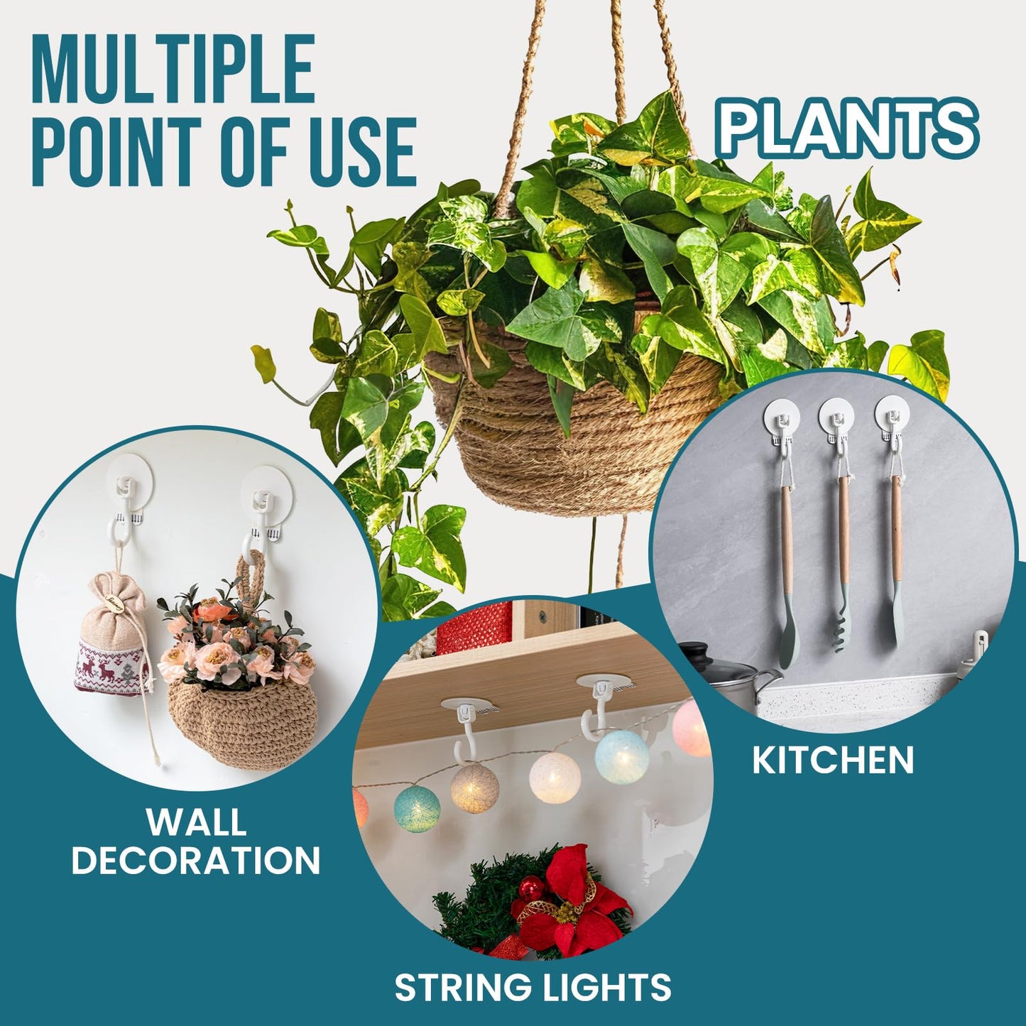 TAILI Adhesive Ceiling Hooks for Hanging Plants, Heavy Duty No-Drill Removable Sticky Wall Hooks Hanging Christmas Lights Garland Coat for Door Kitchen, Renter Friendly - 6 Pack White