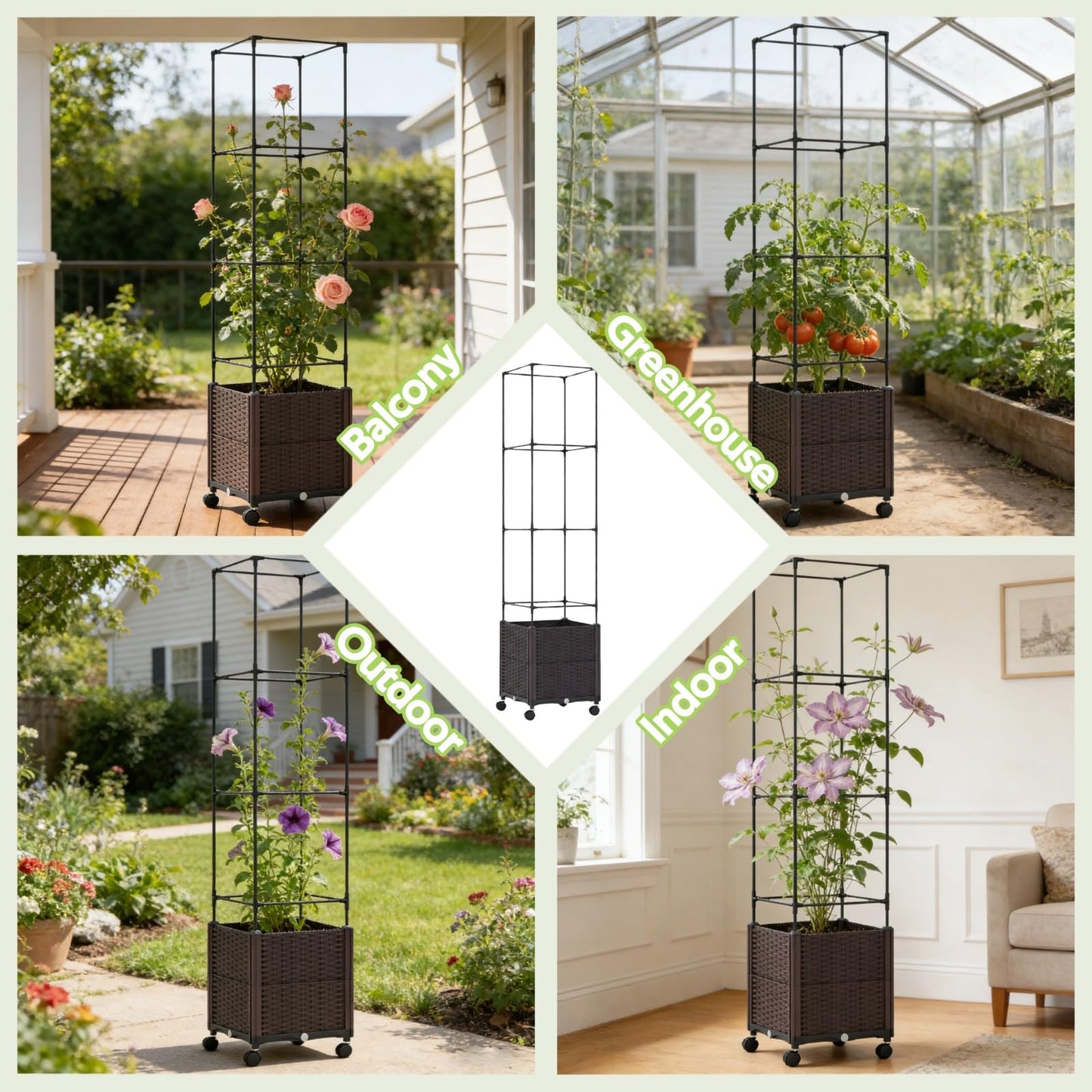 Jesosia Raised Garden Bed Planter Box with Tomato Cage - Self-Watering Tomato Planters with Trellis for Climbing Plants Outdoor - Vertical Gardening Tomatoes Pot with Trellis Wheels for Vegetable Vine