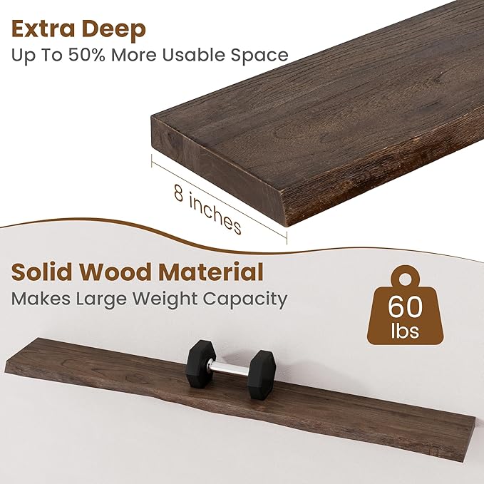 FLYJOE Floating Shelves for Wall Decor, Rustic Solid Elm Wood Live Edge