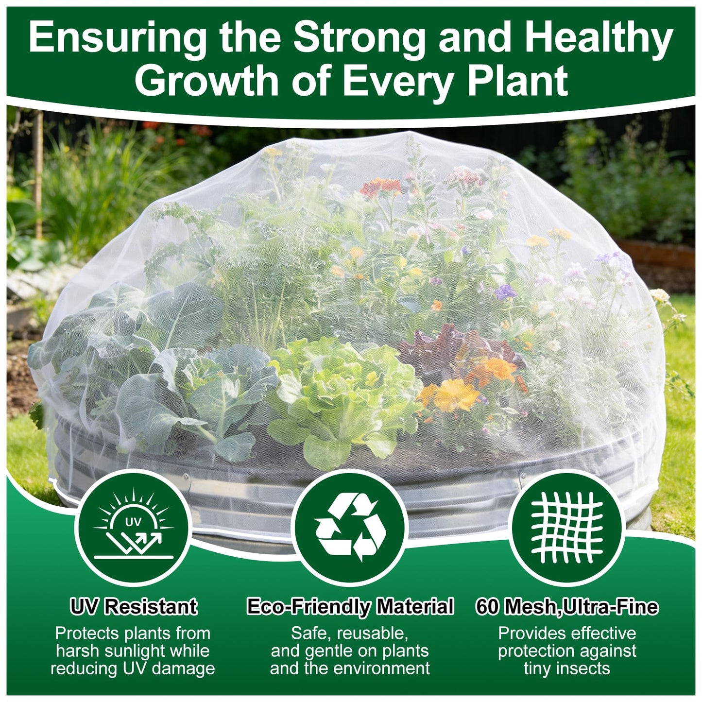 2 Pack Garden Netting for 4x2FT Raised Beds, Ultra-Fine Mesh Plant Covers with Drawstring, Bird, Pest & Small Animal Barrier for Vegetables, Fruits & Flowers