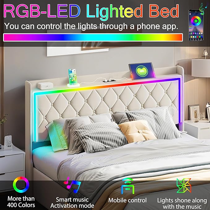 Modern Multi-Color LED Light Full Bed Frame
