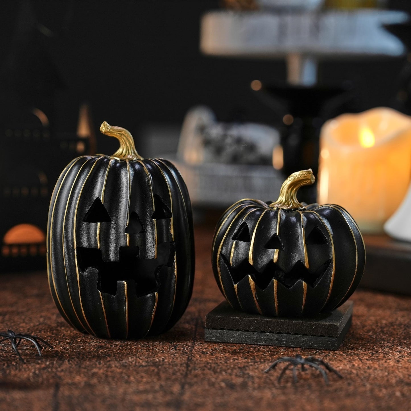 FESTGLOX 2Pcs Light Up Black Pumpkins for Halloween with Gold Lines, Small Jack O Lantern Pumpkins with Purple LED Light, Resin Halloween Pumpkin for Indoor Spooky Decor, Table (Battery Operated)