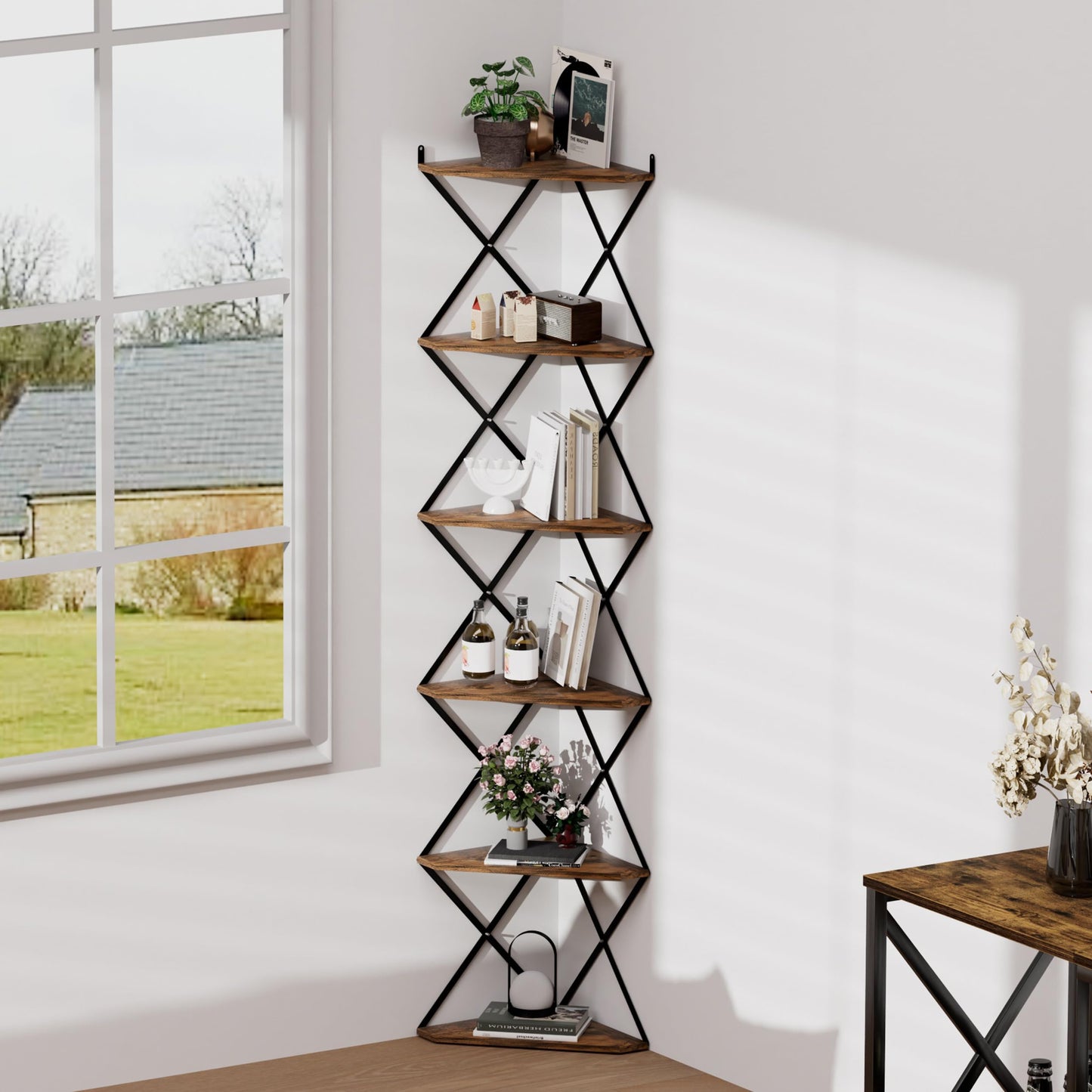 IRCPEN 6 Tier Wall Mounted Corner Shelf Stand, Industrial Corner Bookshelf with X Metal Frame, Tall Standing Shelf Organizer, Bookcase, Plant Stand for Living Room, Bedroom Rustic Brown CS-006RB