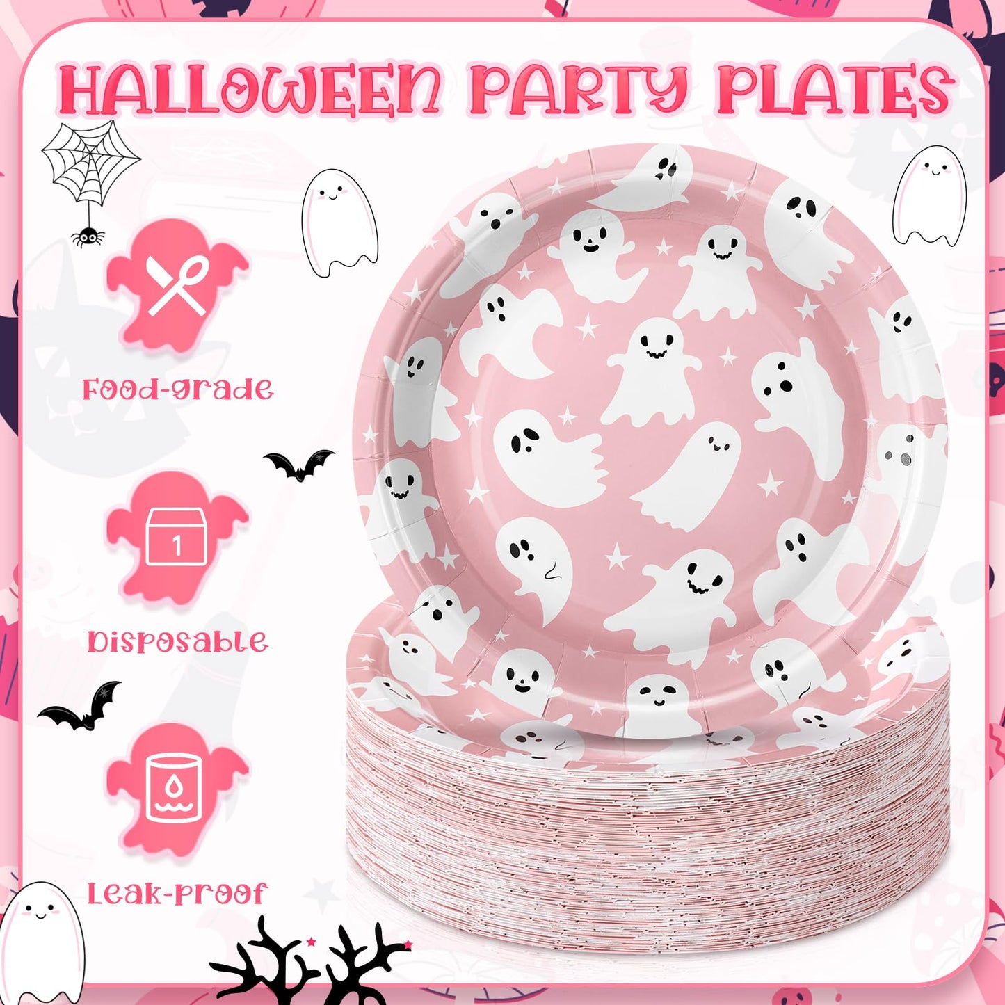 FillTouch 100 Pcs Pink Halloween Ghost Paper Plates 7 Inch Disposable Cake Dessert Dinner Plates for Mexican Independence Day Fiesta Halloween Day of The Dead Party Decorations Supplies(Pink)