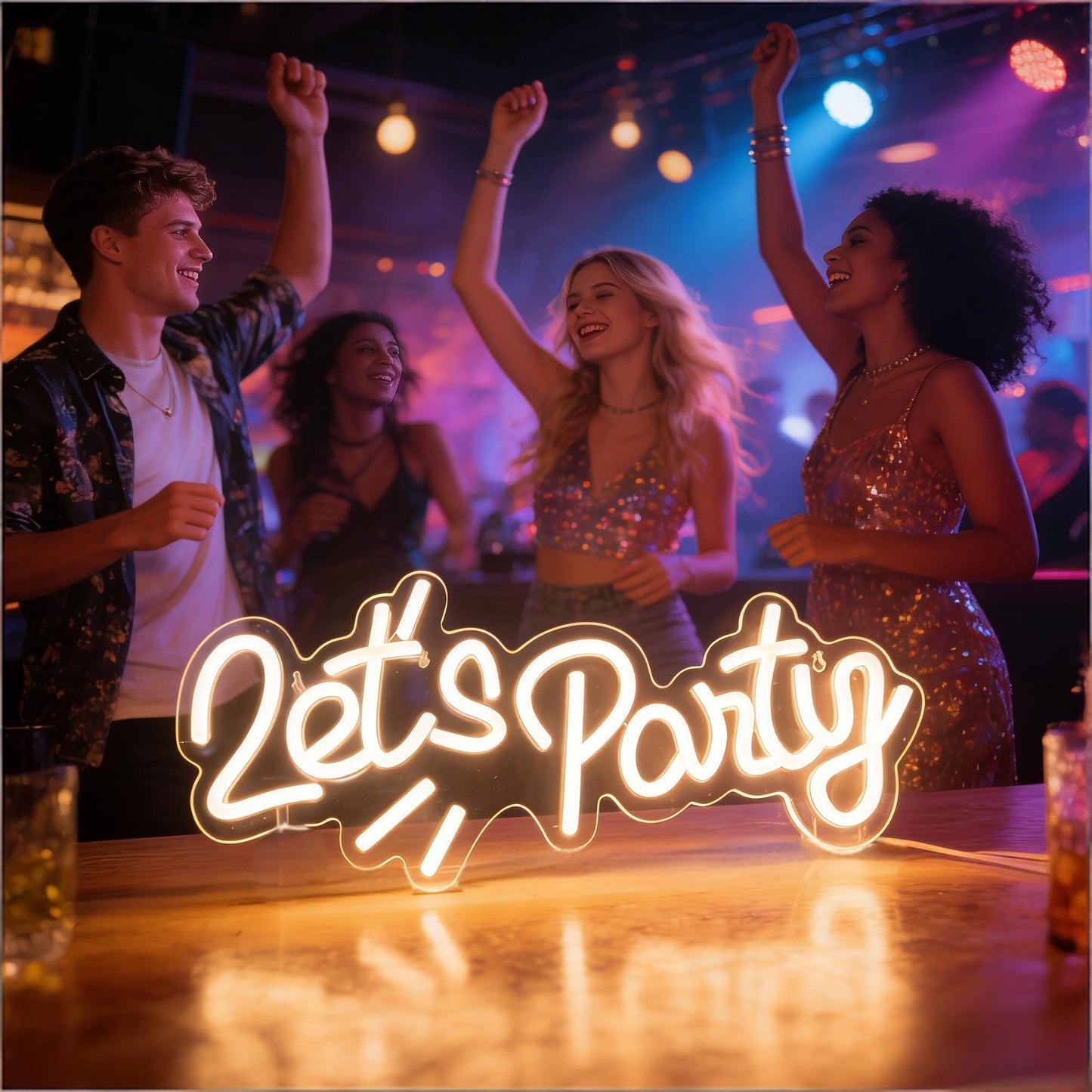 Lets Party White LED Neon Sign, USB Powered Decorative Neon Light for Home Living Room Birthday Party Space Wall Table Decor, Dimmable Light Up Sign 16.3 x 7.1 In
