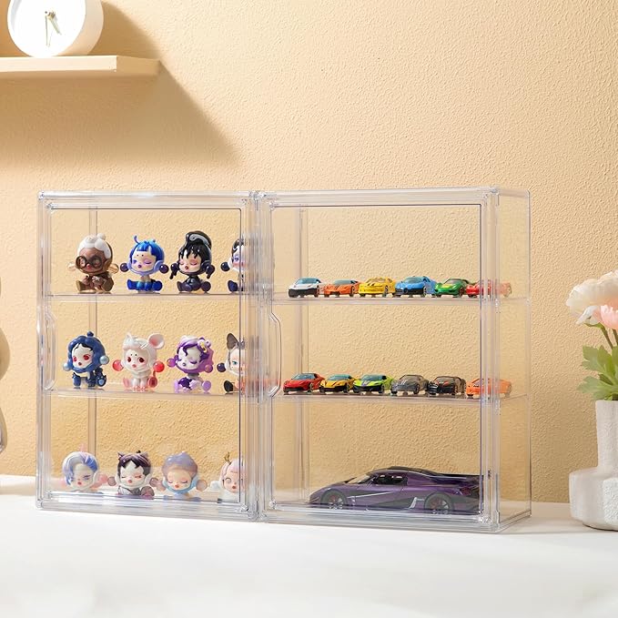 Attelite Acrylic Display Cases for Collectibles, 2 Pack 3 Layer Clear Display