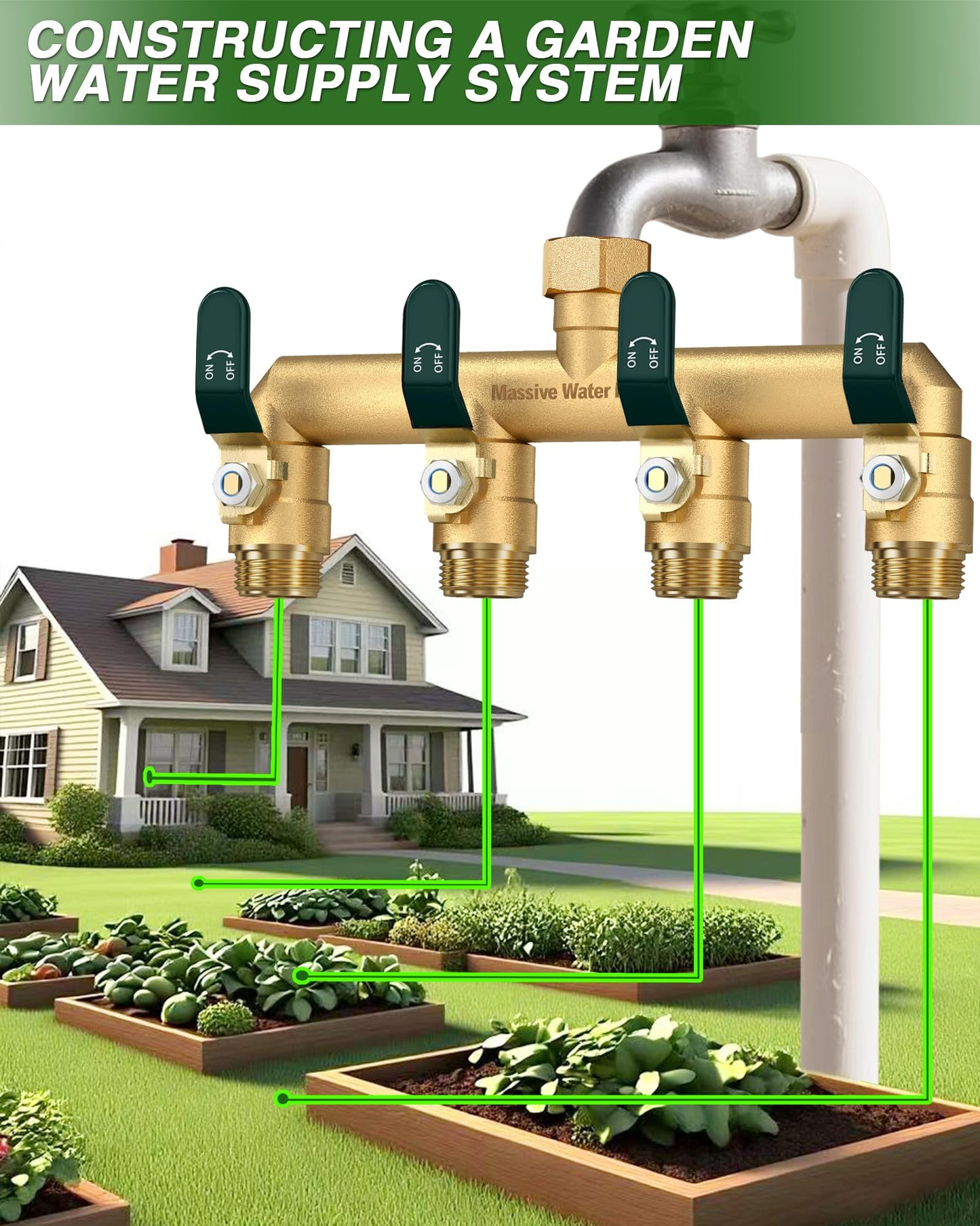 4 Way Hose Splitter, Heavy Duty Full Flow Garden Hose Splitter with 4 Large Metal Handles, Brass Water Hose Bib Splitter, T Adapter Connector with 3/4 - Inch GHT Thread (Green)