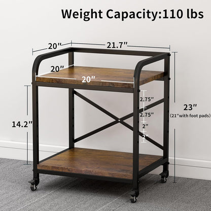 2 Tier Under Desk Printer Stand, Large Printer Table with Height Adjustable Shelf, Rolling Printer Cart with Industrial Wheels for Home Office, Scanner Fax (Rustic Brown)