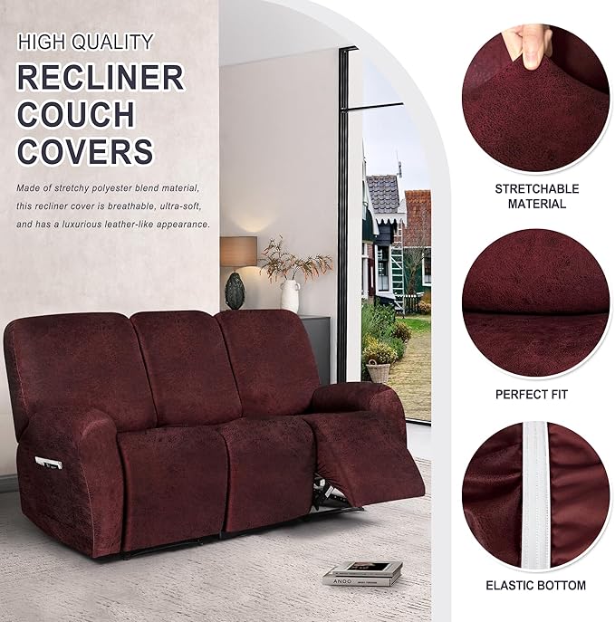 ANARACHON Leather Look Recliner Couch Cover, 8-Pieces Stretch Recliner Sofa