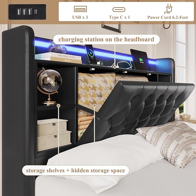 Full Bed Frame with Drawers, Hidden-Cubby & Shelves Storage Headboard with