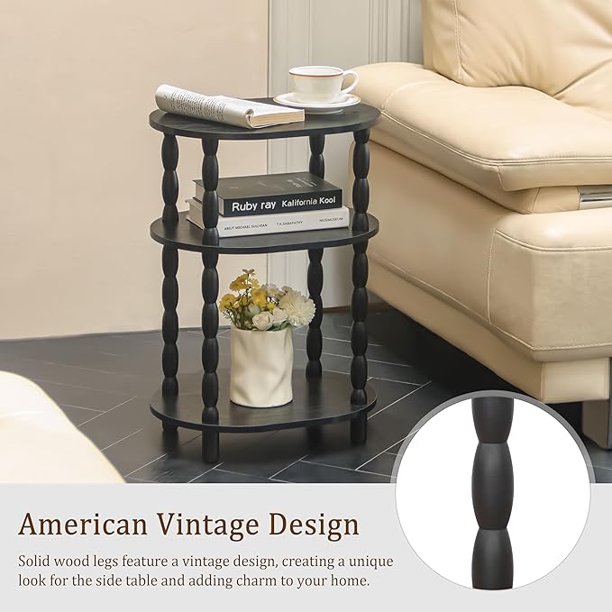 MaxSmeo Black Side Table with Charging Station, 3-Tier Small Oval End Table