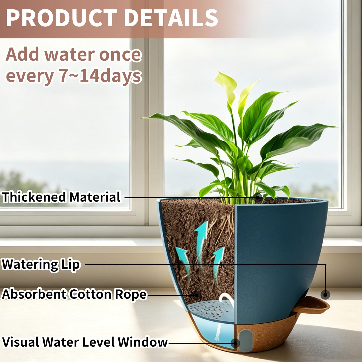 MNKXL 12"/10"/9"/8" Self Watering Pots with Visual Water Window,Extra Large Self Watering Plant Pots with Drainage Holes & Saucers,Blue Planters for Indoor Plants,4-Pack
