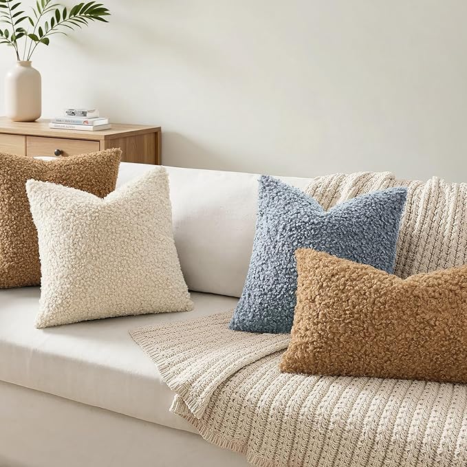 Faux Fur Throw Pillow Covers 18x18 Inch Set of 2 Boucle Neutral Decorative