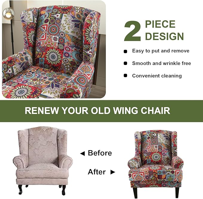 HAOYONG Wing Chair Slipcovers Elastic Boho Printed Wingback Chair Covers 2