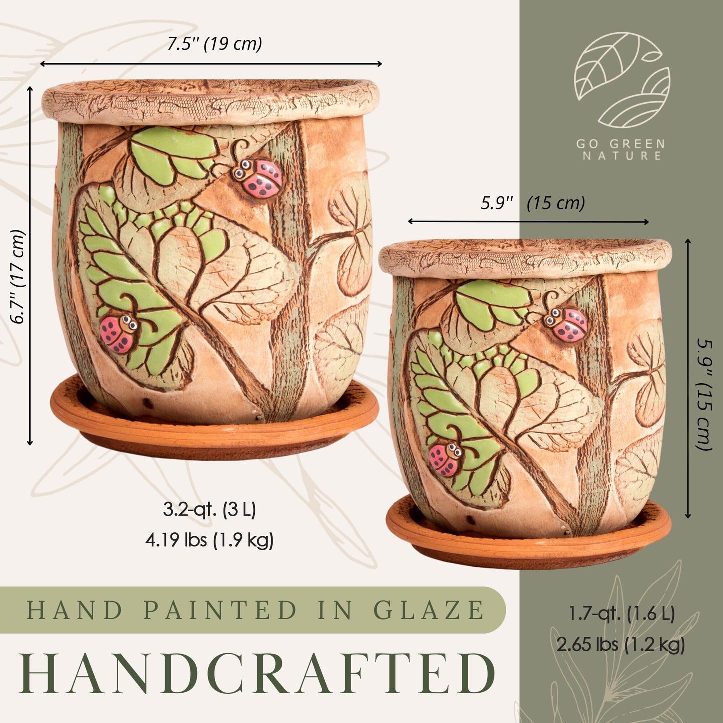 STP GOODS Ceramic Pot with Drainage Hole and Saucer, Plant Pots, Modern Decorative Planters for House Plants Indoor Flowers Plants, Cute Flower Pot - Gifts (Ladybugs (1.6 L))