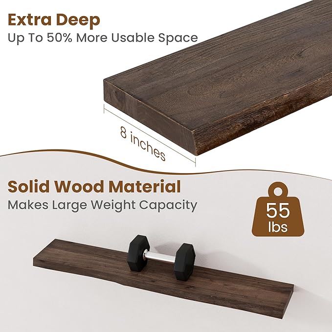 Floating Shelves for Wall Decor, Rustic Solid Elm Wood Live Edge Floating