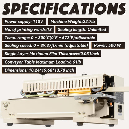 U.S. Solid Continuous Bag Band Sealer Tabletop Sealing Machine, Automatic Horizontal Band Sealer with Digital Temperature Control for 0.02-0.08mm PVC Bags Films Stamp Coding 110V