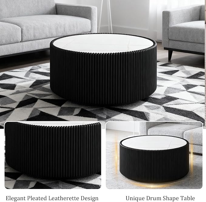 SSLine Round Drum Coffee Table Set of 2 Modern Sintered Stone Top Nesting