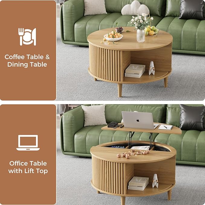Round Coffee Table with Storage, Fluted Lift Top Coffee Table