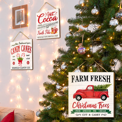 Pinkunn 4 Pieces Christmas Hanging Wooden Sign Christmas Wall Decorations Farm Fresh Hot Cocoa Candy Canes Sleigh Rides Deer Truck Decor Xmas Farmhouse Hanging Plaque for Home Porch Holiday