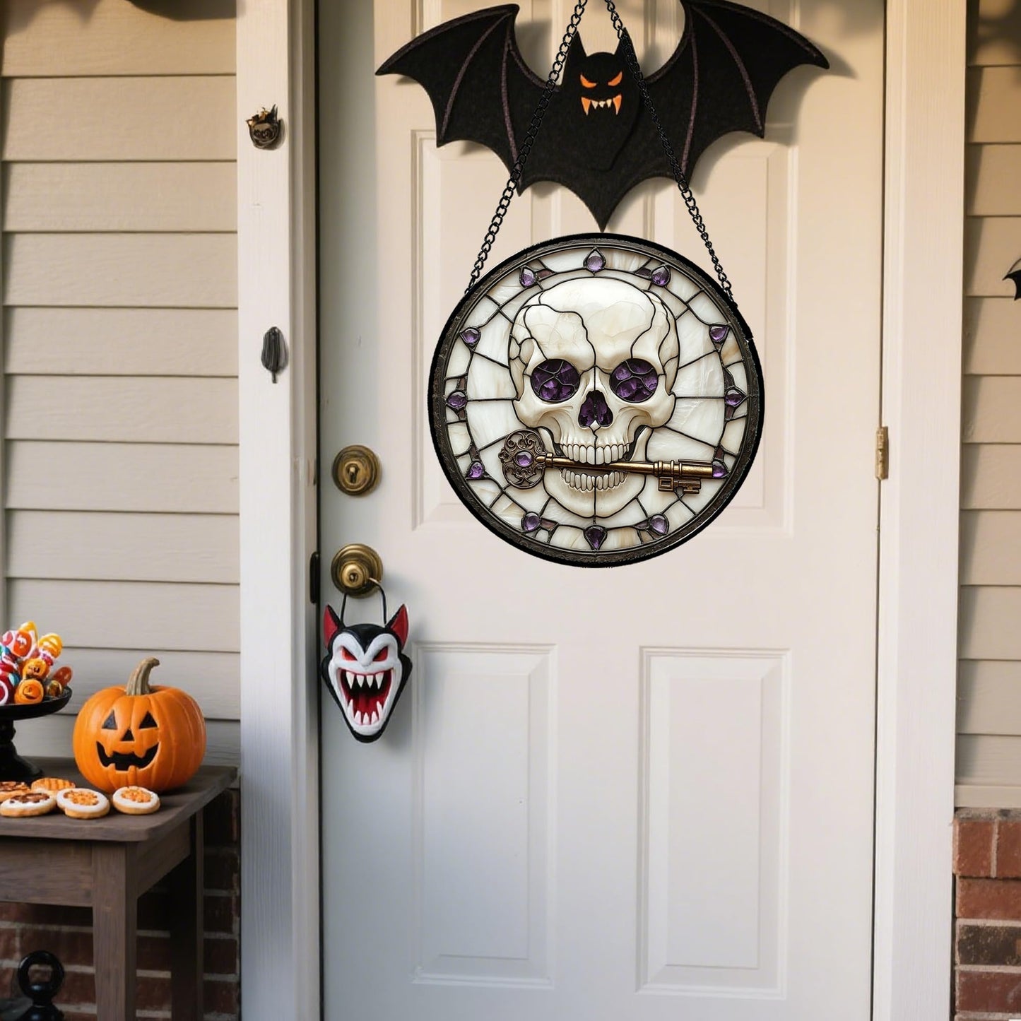 CRISGIF Stained Glass Window Hanging - Halloween Scary Skull Suncatcher for Doors Garden Home Spooky Purple Skeleton Key Sun Catchers Gothic Decor Horror Gifts for Women Men Friend Boy Girl 9.8 in