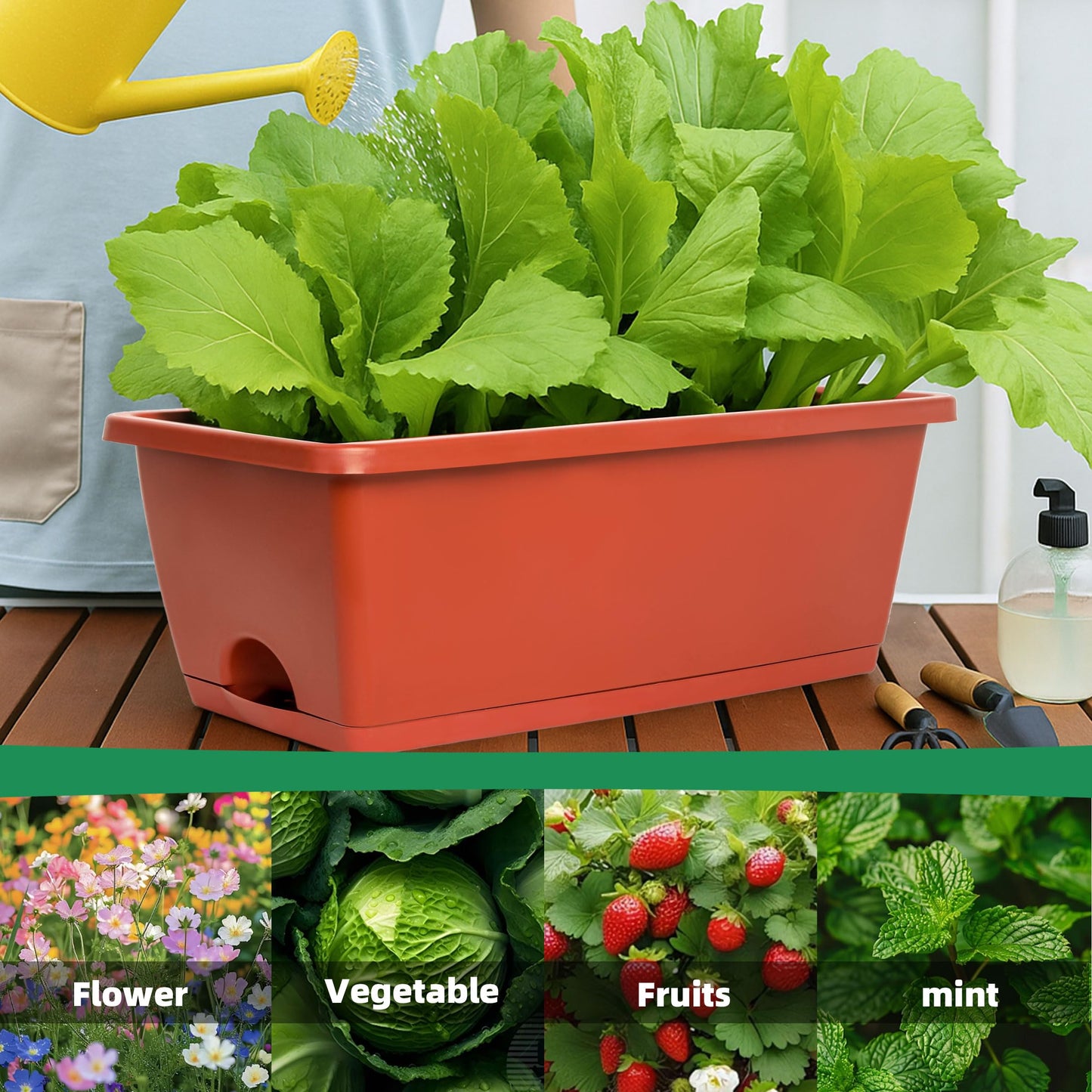 LOCONHA Window Box Planter, Plastic Vegetable Flower Planters Boxes 17 Inches Rectangular Flower Pots with Saucers for Indoor Outdoor Garden, Patio, Home Decor (12, Brick Red)
