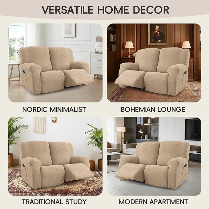 Recliner Loveseat Covers, 4-Piece Stretch Geometric Strokes Jacquard Reclining