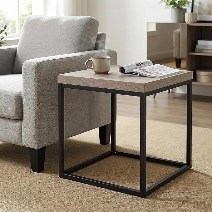 CENSI Modern Square End Table, Extra Thick 1.6" Wood Top & Metal Frame