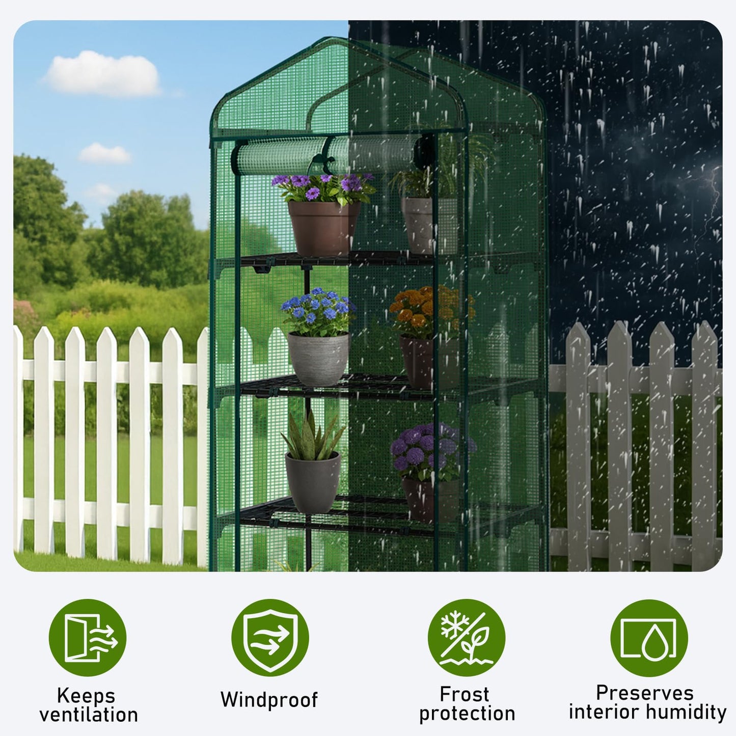 Outvita Mini Greenhouse, Small PE Plant Green House with 4 Tiers Rack, Shelf Clips, Roll-up Zipper Door, Gardening Supplies for Indoor Outdoor Seedling Frost Protection , 27"x19.6"x63" Green
